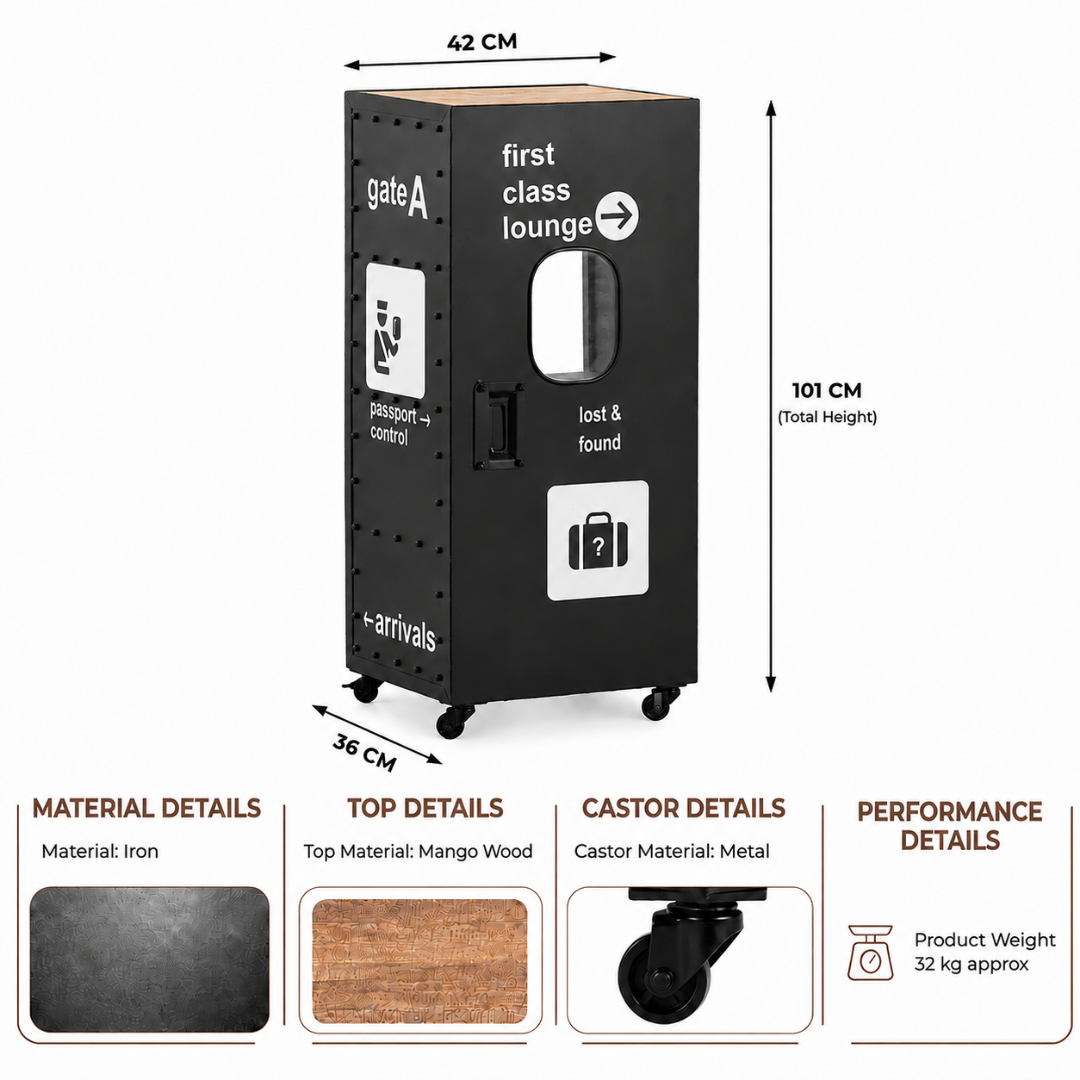 Black airport lounge inspired storage cabinet made of iron with mango wood top and caster wheels, measuring 42 cm wide, 36 cm deep and 101 cm high.