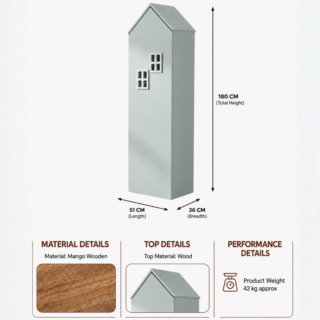 Tall house shaped storage cabinet in light grey finish with small window details, measuring 51 cm wide, 36 cm deep and 180 cm high.
