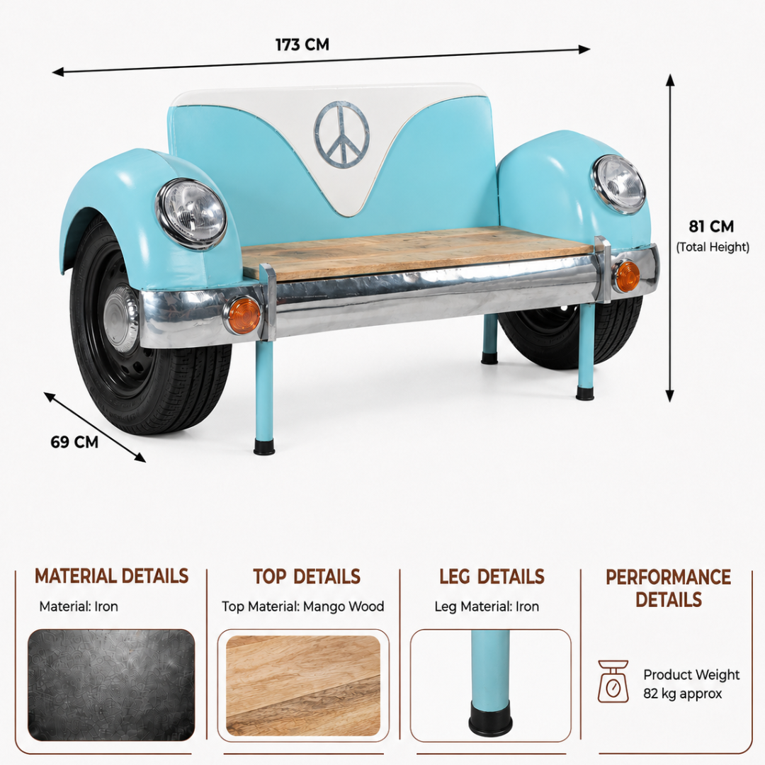 Light blue vintage car inspired bench made of iron with a mango wood seat, tyre details and retro headlights, measuring 173 cm wide, 69 cm deep and 81 cm high.