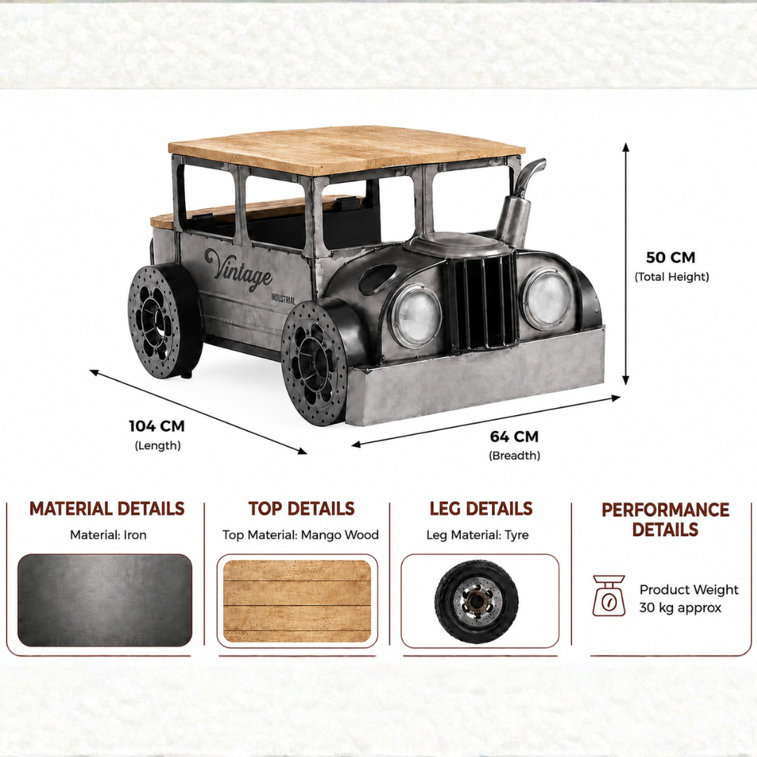 Vintage car design coffee table made of iron with mango wood top, 104 cm length, 64 cm breadth and 50 cm height.