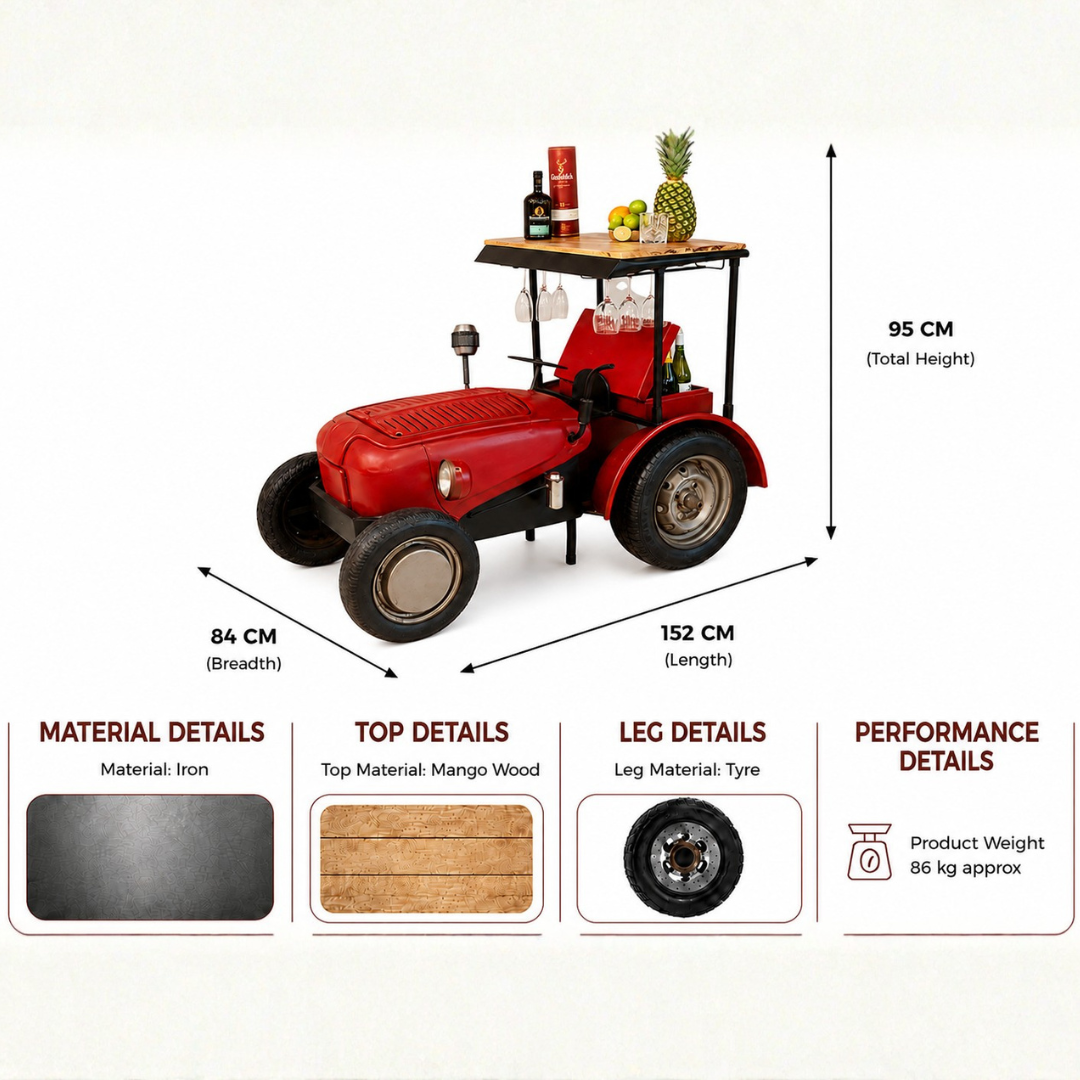 Red tractor inspired bar counter made of iron with mango wood top, measuring 152 cm long, 84 cm wide and 95 cm high.