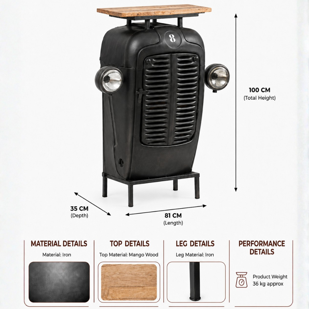 Vintage tractor front design bar cabinet made of iron with mango wood top, measuring 81 cm long, 35 cm deep and 100 cm high.