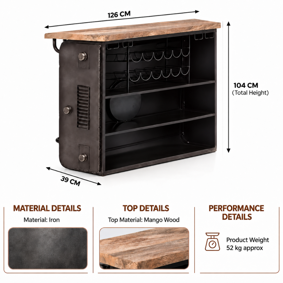Industrial bar counter with black iron body, mango wood top, built-in bottle racks and open storage shelves, measuring 126 cm wide, 39 cm deep and 104 cm high.