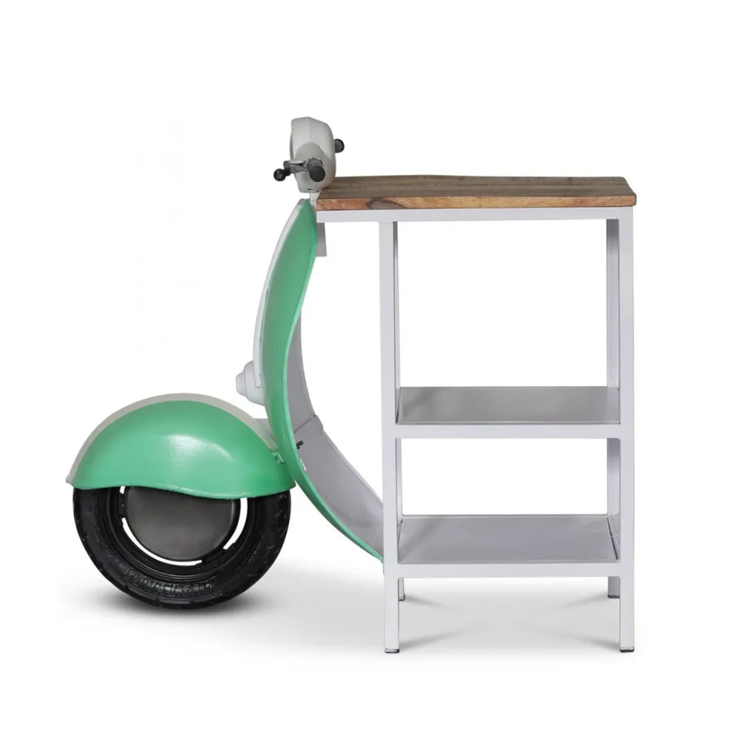 Mini scooter bar counter with storage featuring vintage design, wooden finish and bottle holder by Foxfurn