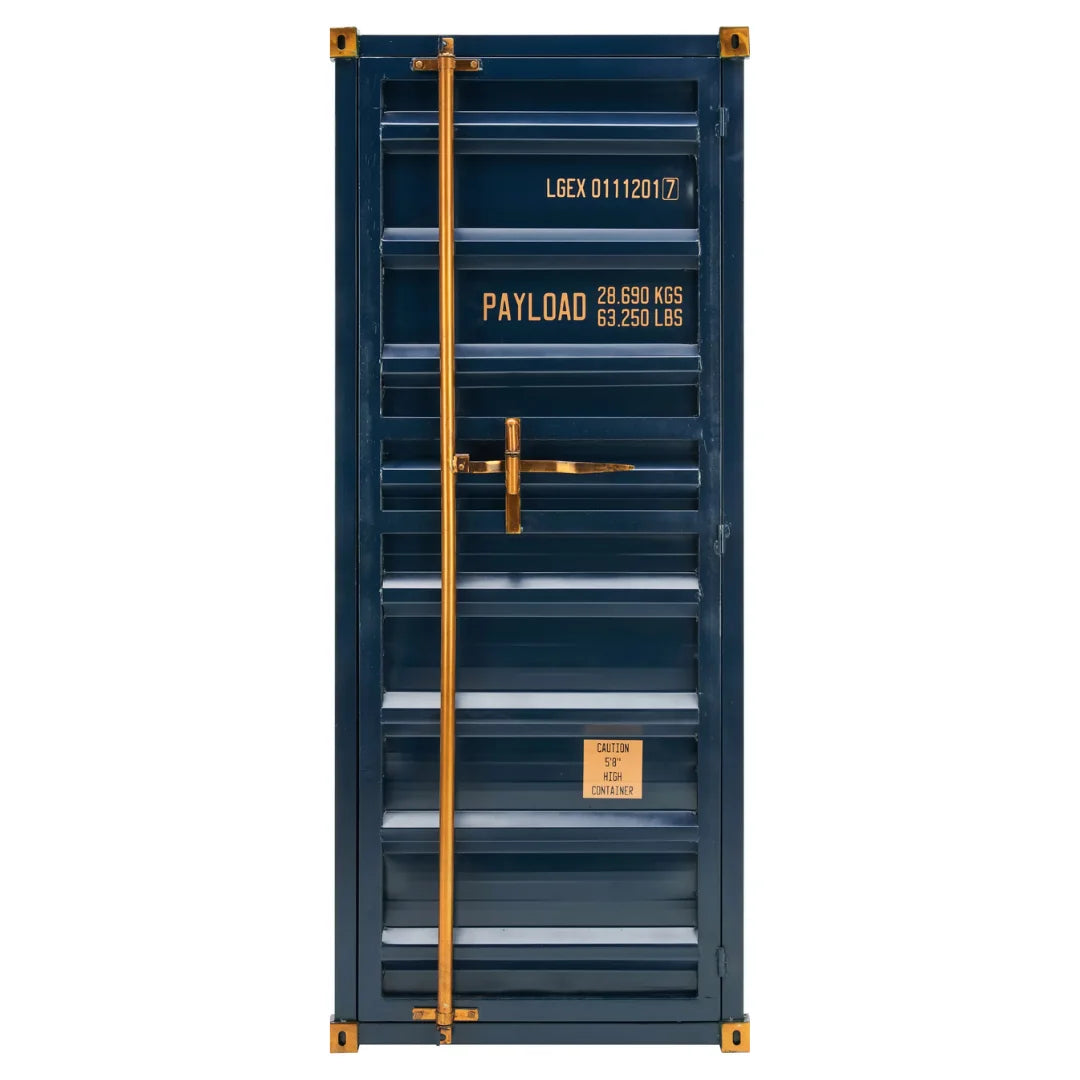 Industrial container bar cabinet with storage shelves and metal finish, perfect for modern home bars