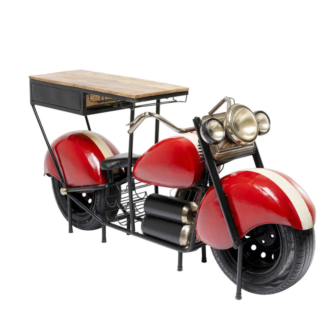 Motorbike bar cabinet with industrial design, wooden finish and storage shelves for bottles and glassware