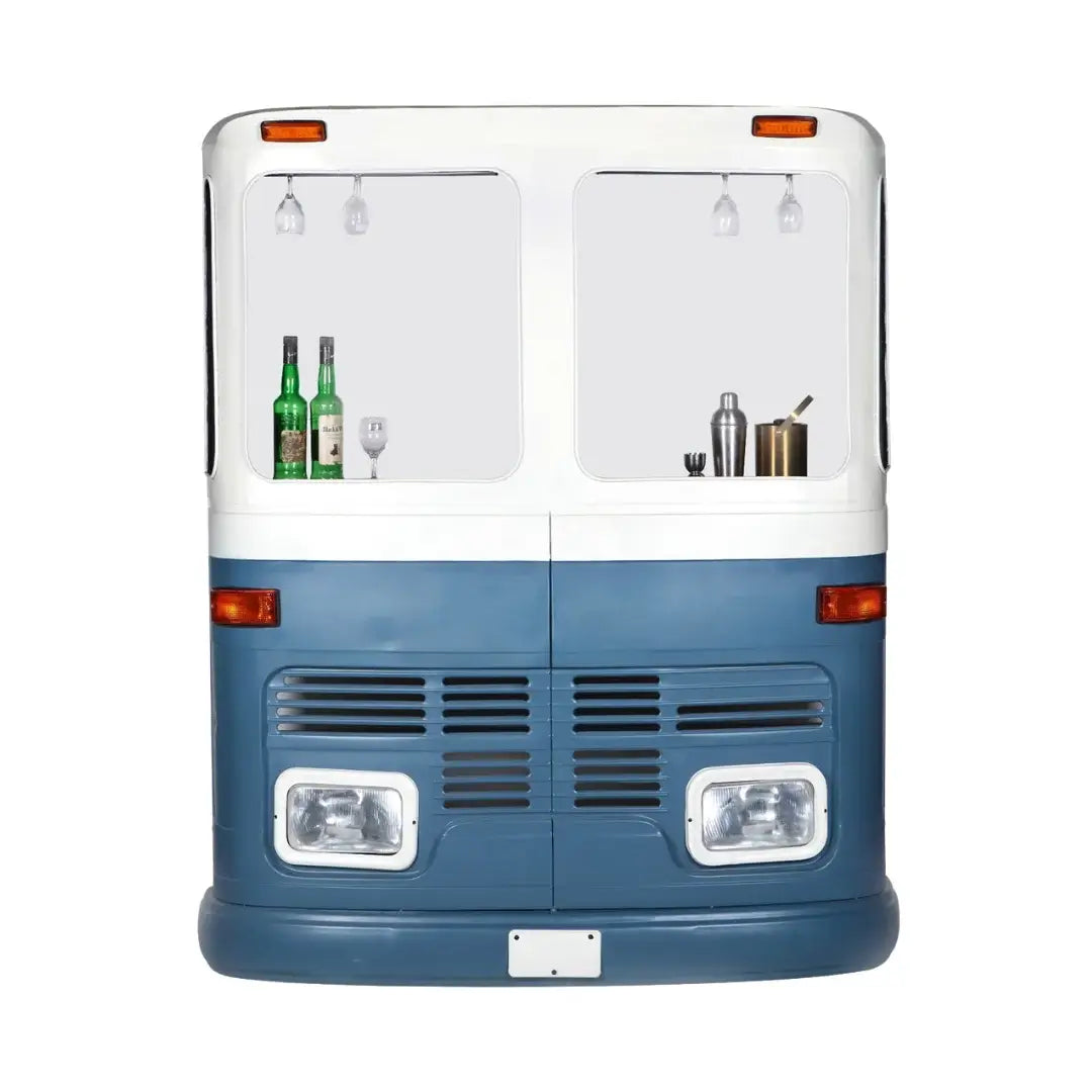 Blue and white vintage-style bar cart with bottles and glasses on a white background