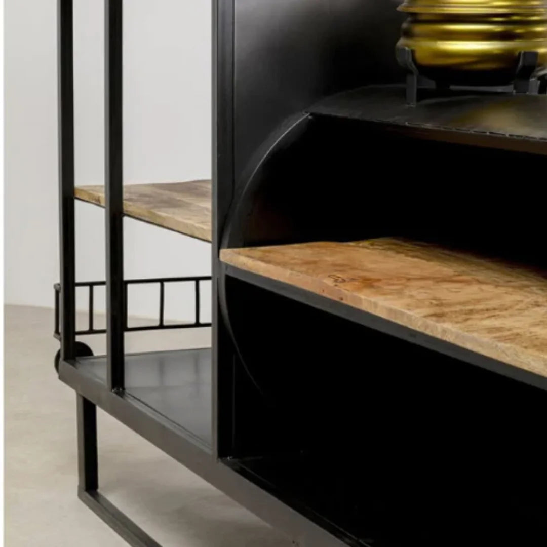 Railway engine inspired bar counter with industrial metal and wood finish, unique design by Foxfurn