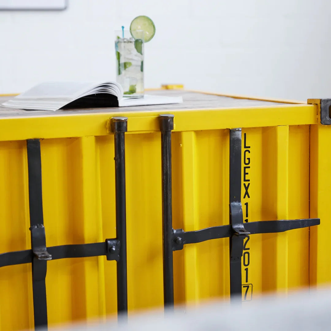 Industrial container coffee table with storage, metal finish design perfect for modern living rooms