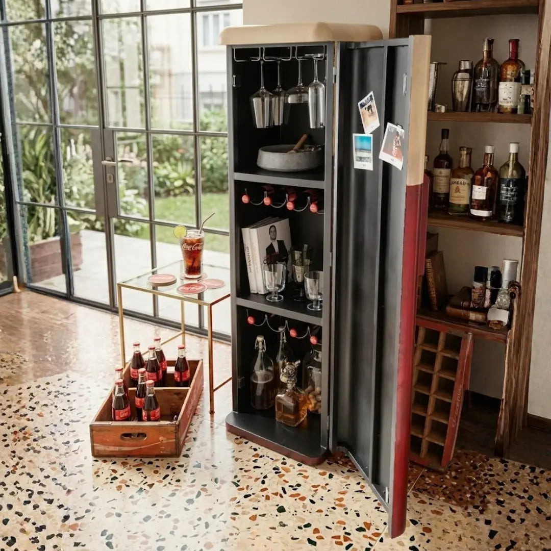 Compact vending machine style cabinet with storage shelves for home bar and modern interior setup by Foxfurn