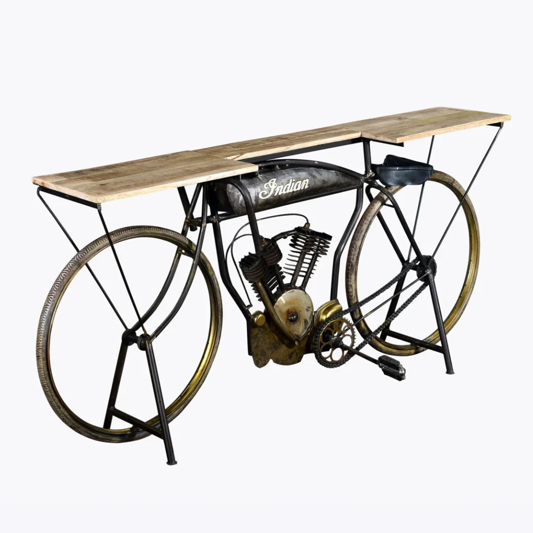 Vintage cycle console table with wooden top and metal frame, perfect for home decor and storage by Foxfurn