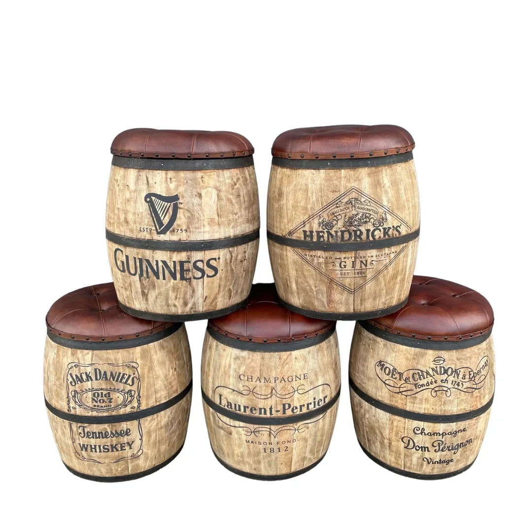 Vintage barrel stool for home bar with rustic wooden seat and sturdy metal frame, perfect for stylish interiors
