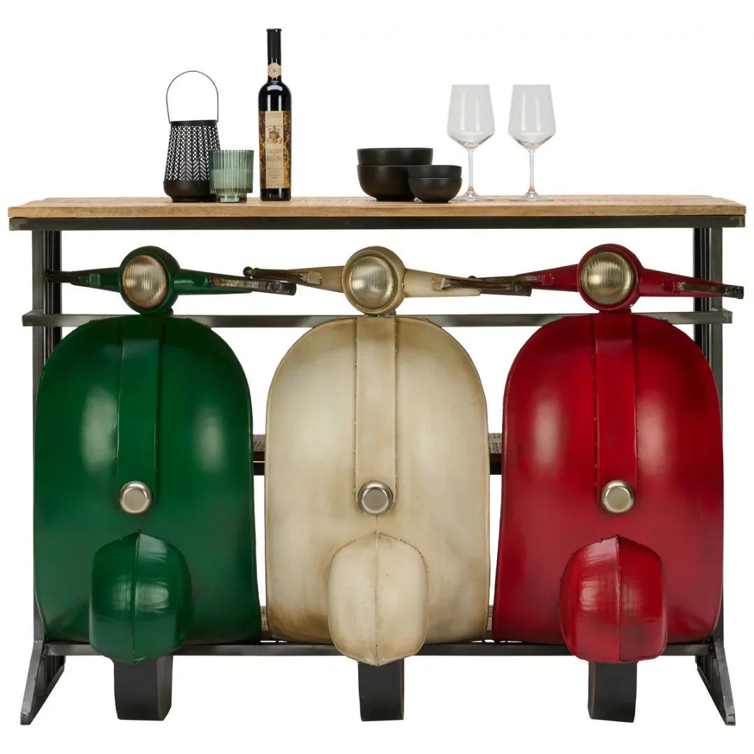 Parked scooter bar counter with wooden top and storage shelves, vintage design by Foxfurn LSC-01