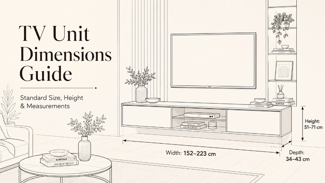 TV unit dimensions drawing showing standard width, depth and height measurements for a living room TV console