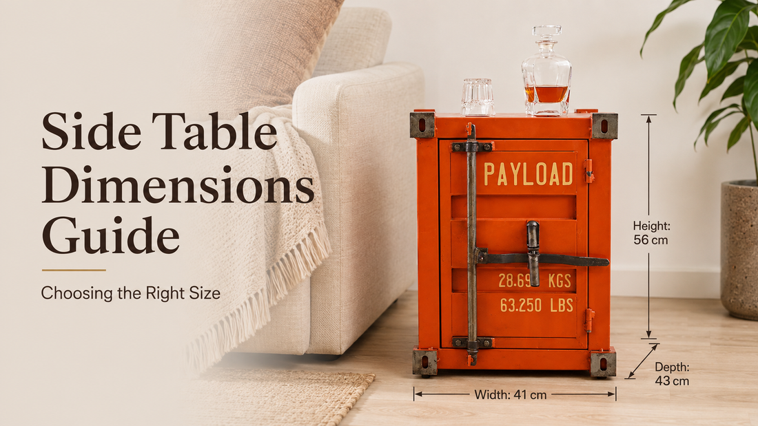 Side table dimensions guide showing 41 cm width, 43 cm depth and 56 cm height beside a sofa
