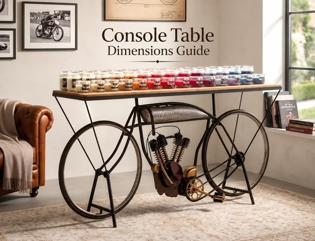 Motorcycle-inspired console table featured in a modern living room for a console table dimensions guide.