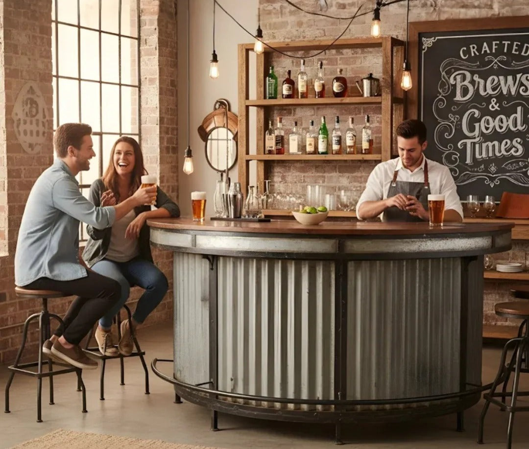Industrial café interior with a corrugated metal counter, wooden countertop and stool seating