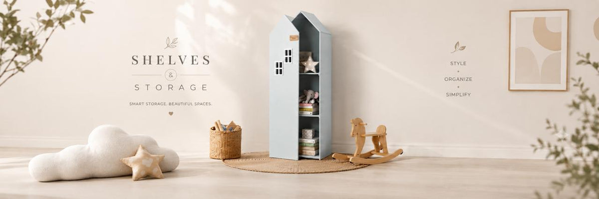 Modern shelves and storage units with wooden and metal design for organizing home decor and essentials