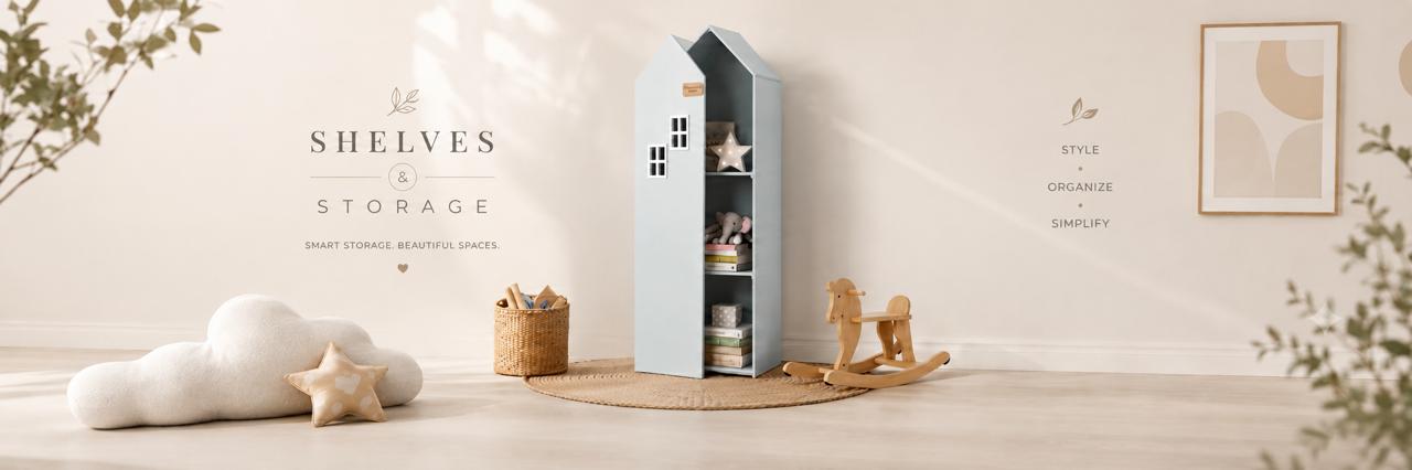 Modern shelves and storage units with wooden and metal design for organizing home decor and essentials