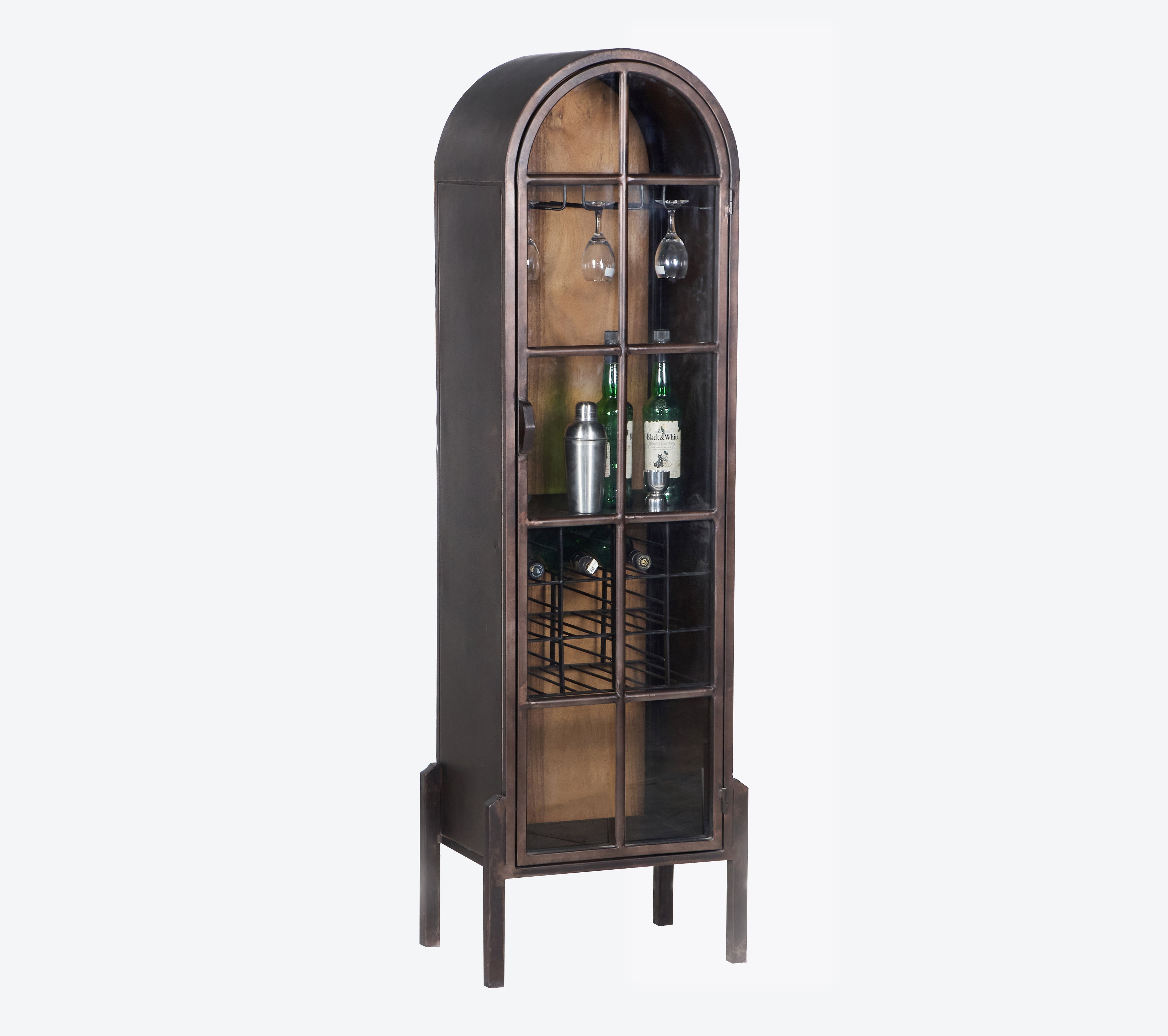 Metal and wood cabinet with an arched door, featuring a wine rack and open shelving inside