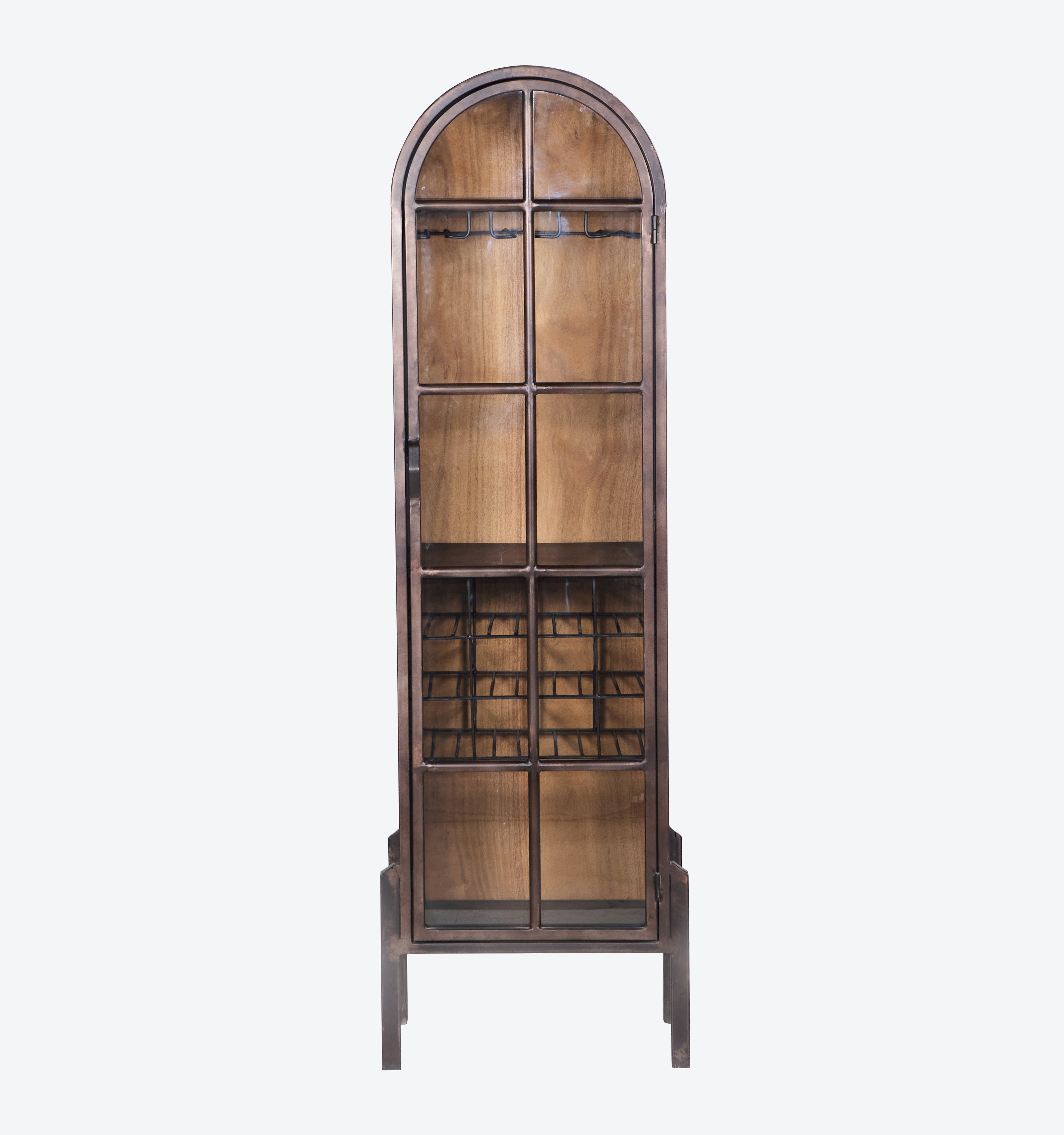 Tall, arched storage cabinet with a combination of metal and wood, featuring a wine rack inside.