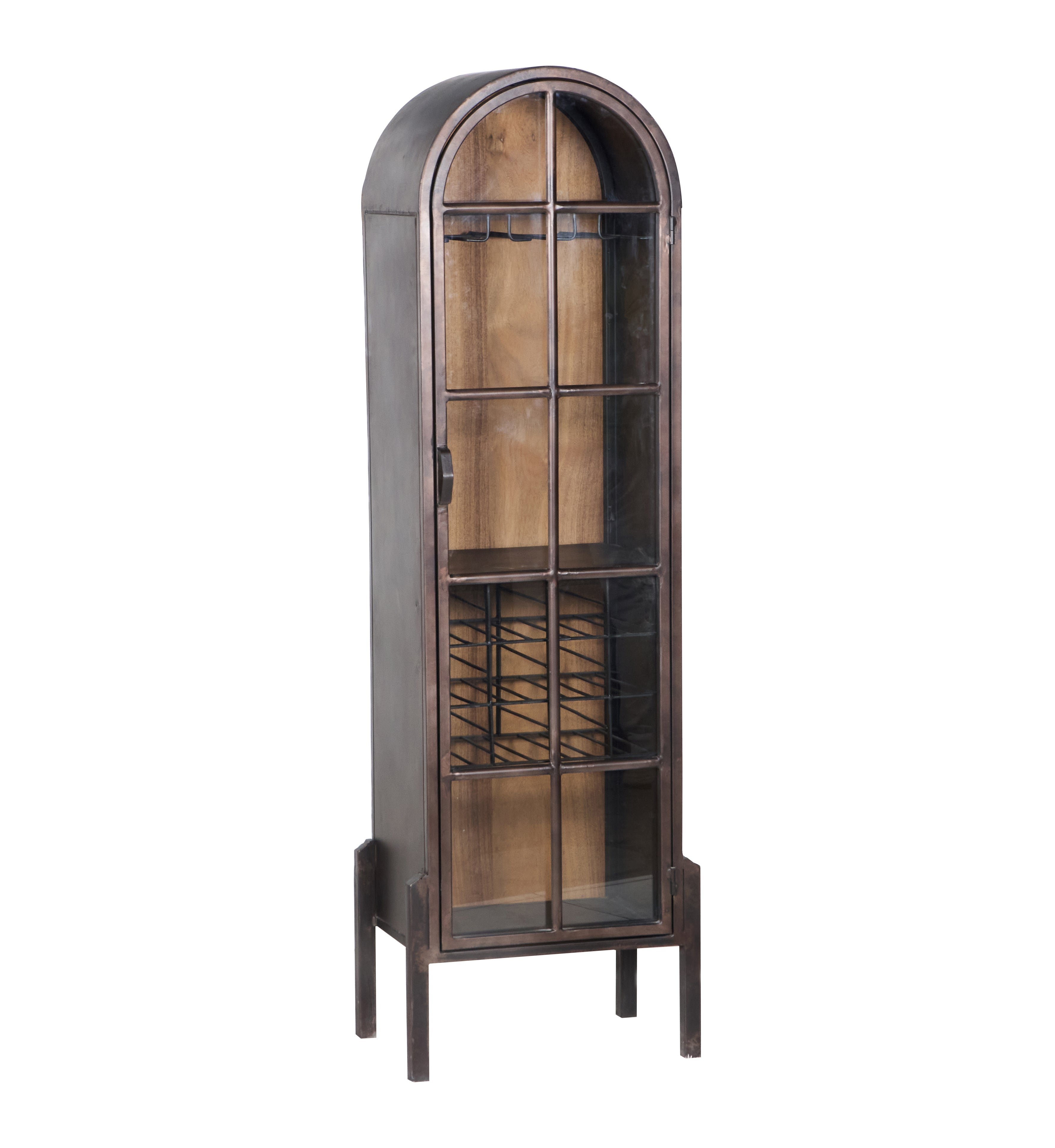 Tall wooden wine cabinet with glass panels 