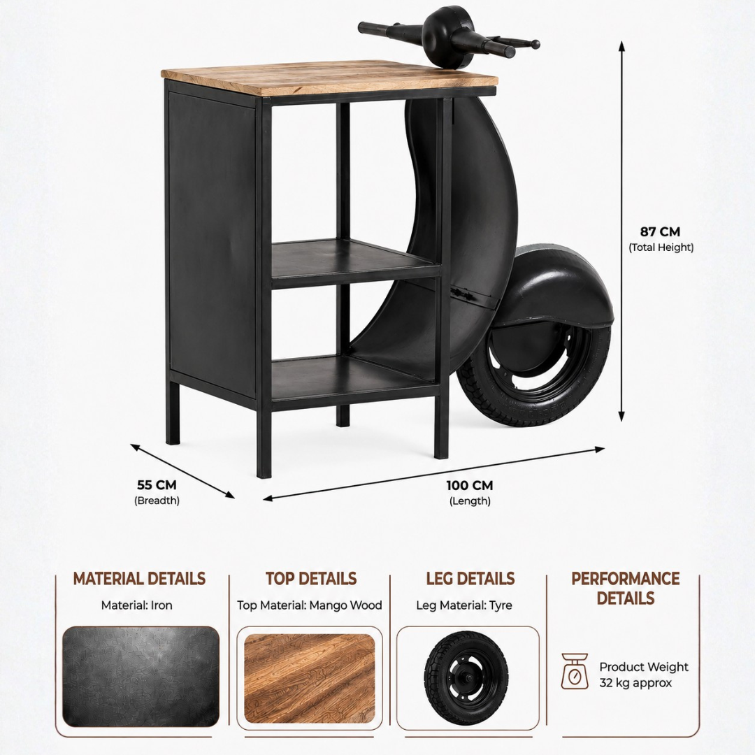 Black scooter inspired console table made of iron with a mango wood top and open storage shelves, measuring 100 cm long, 55 cm wide and 87 cm high.
