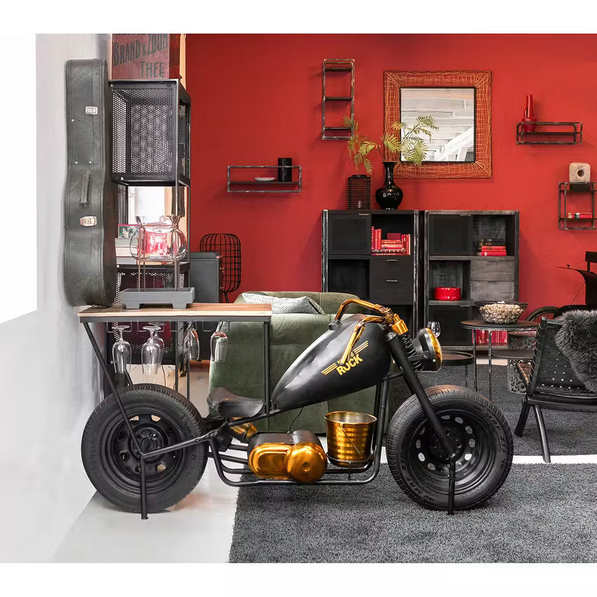 Motorcycle table with black and gold design.