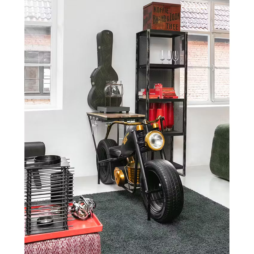 Chopper bike desk with sleek metal accents.