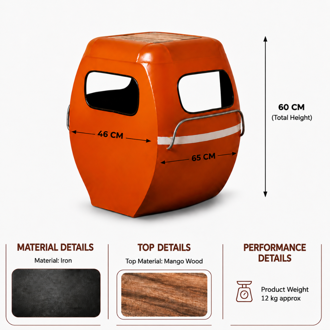 Orange retro vehicle inspired side table made of iron with a mango wood top, measuring 65 cm wide, 46 cm deep and 60 cm high.