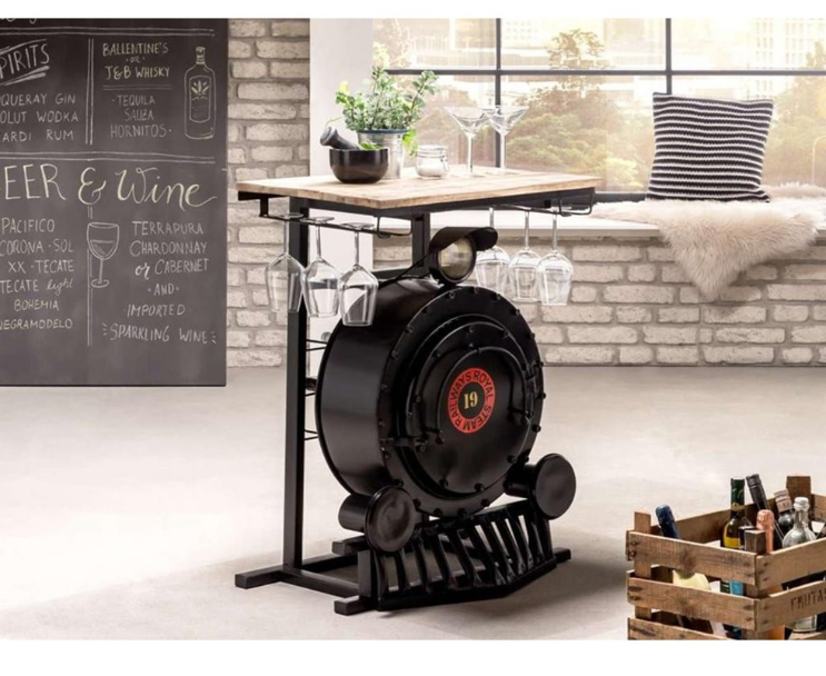 Train engine bar cabinet with wine glass storage