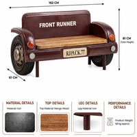Vintage car inspired bench made of iron with a mango wood seat, tyre details and retro automotive styling, measuring 162 cm wide, 61 cm deep and 81 cm high.