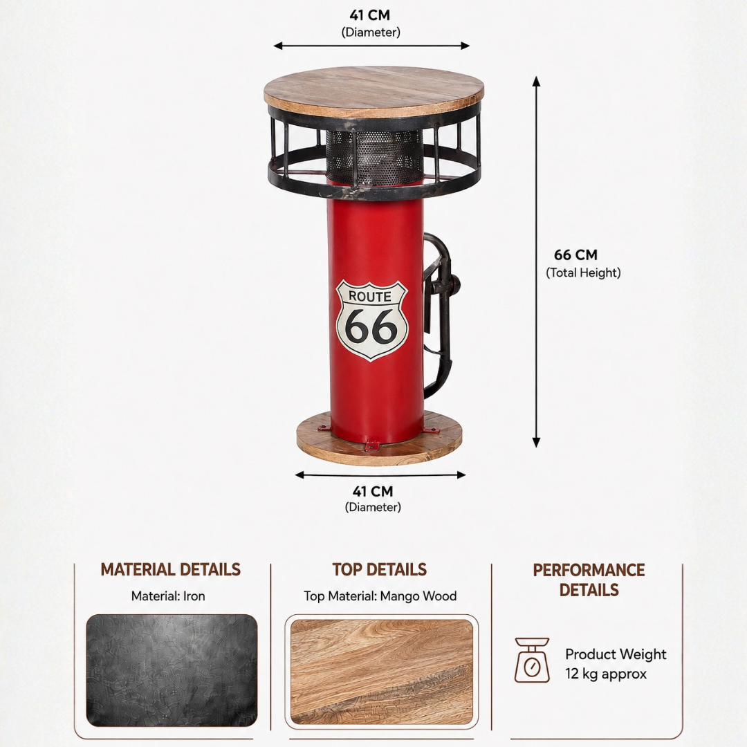 Red Route 66 gas pump inspired side table made of iron with a round mango wood top, measuring 41 cm in diameter and 66 cm high.