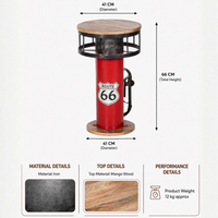 Red Route 66 gas pump inspired side table made of iron with a round mango wood top, measuring 41 cm in diameter and 66 cm high.
