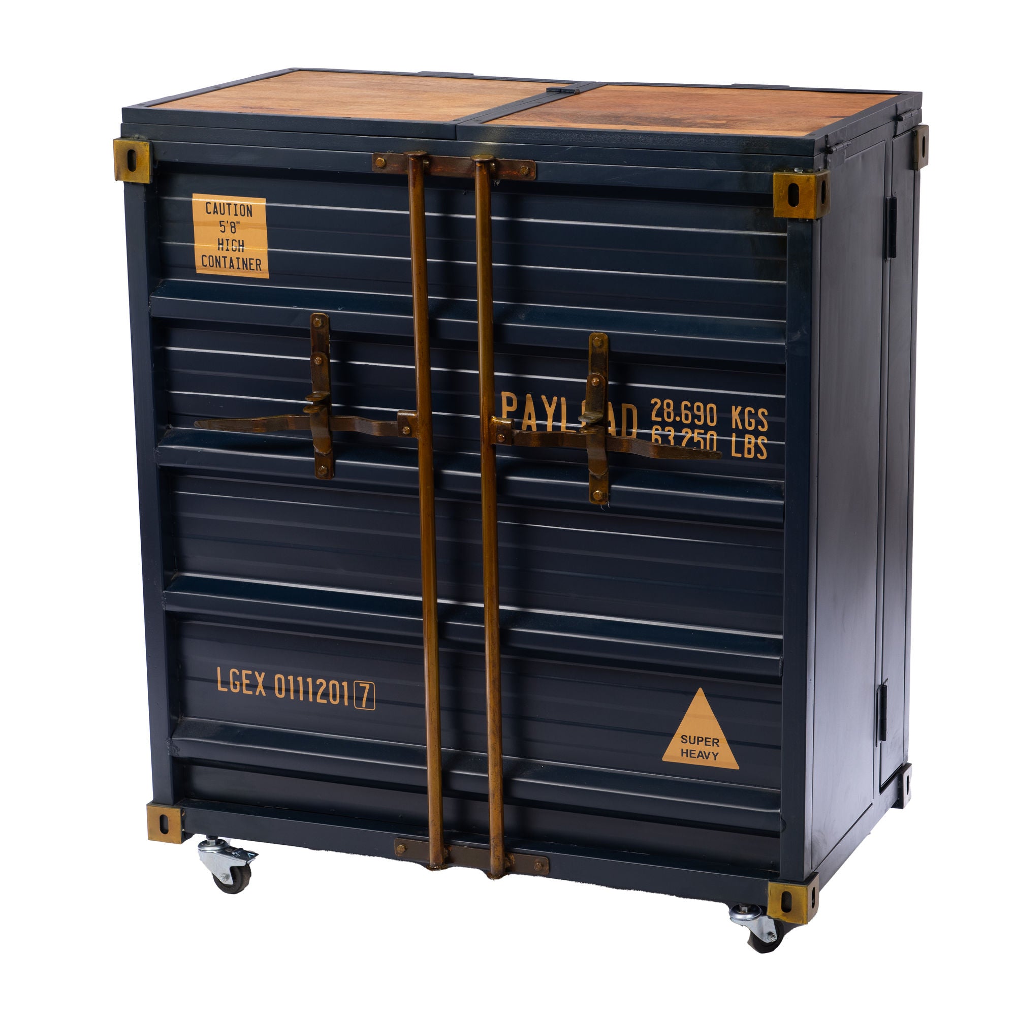 Large industrial-style storage container with metal doors and wooden top 