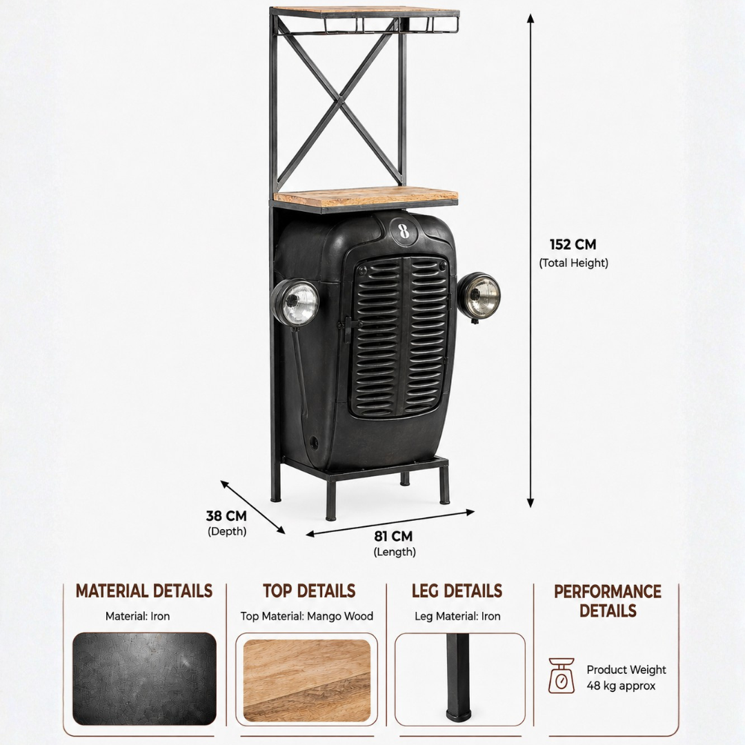 Vintage tractor front design bar cabinet with iron frame and mango wood top, measuring 81 cm long, 38 cm deep and 152 cm high.