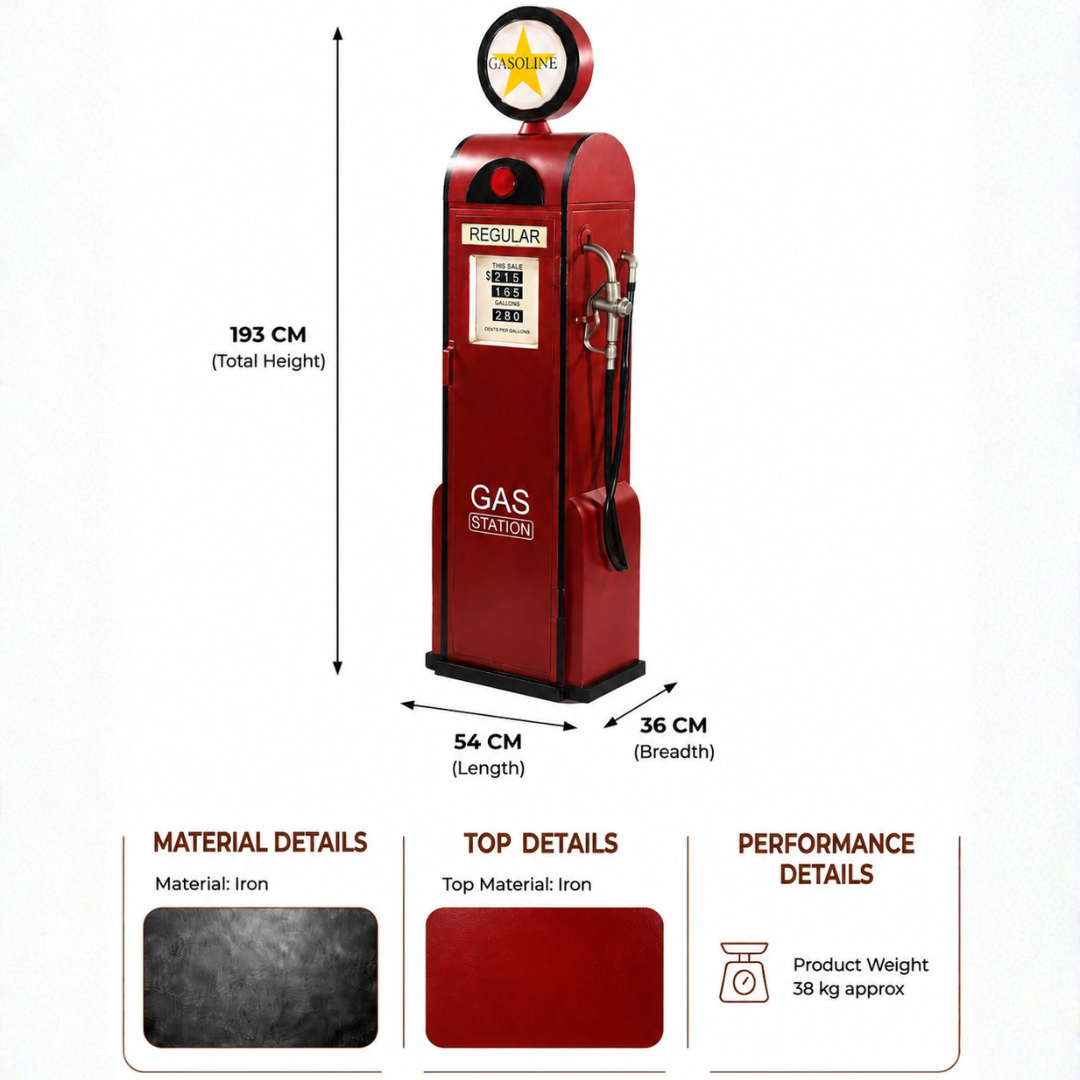 Vintage red gas station pump cabinet made of iron, measuring 54 cm long, 36 cm wide and 193 cm high.