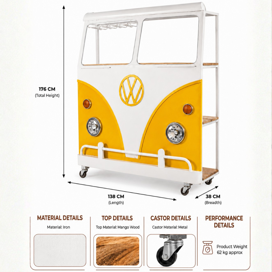 Yellow and white vintage van inspired bar counter with iron frame, mango wood shelves and caster wheels, measuring 138 cm long, 38 cm wide and 176 cm high.