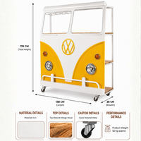Yellow and white vintage van inspired bar counter with iron frame, mango wood shelves and caster wheels, measuring 138 cm long, 38 cm wide and 176 cm high.