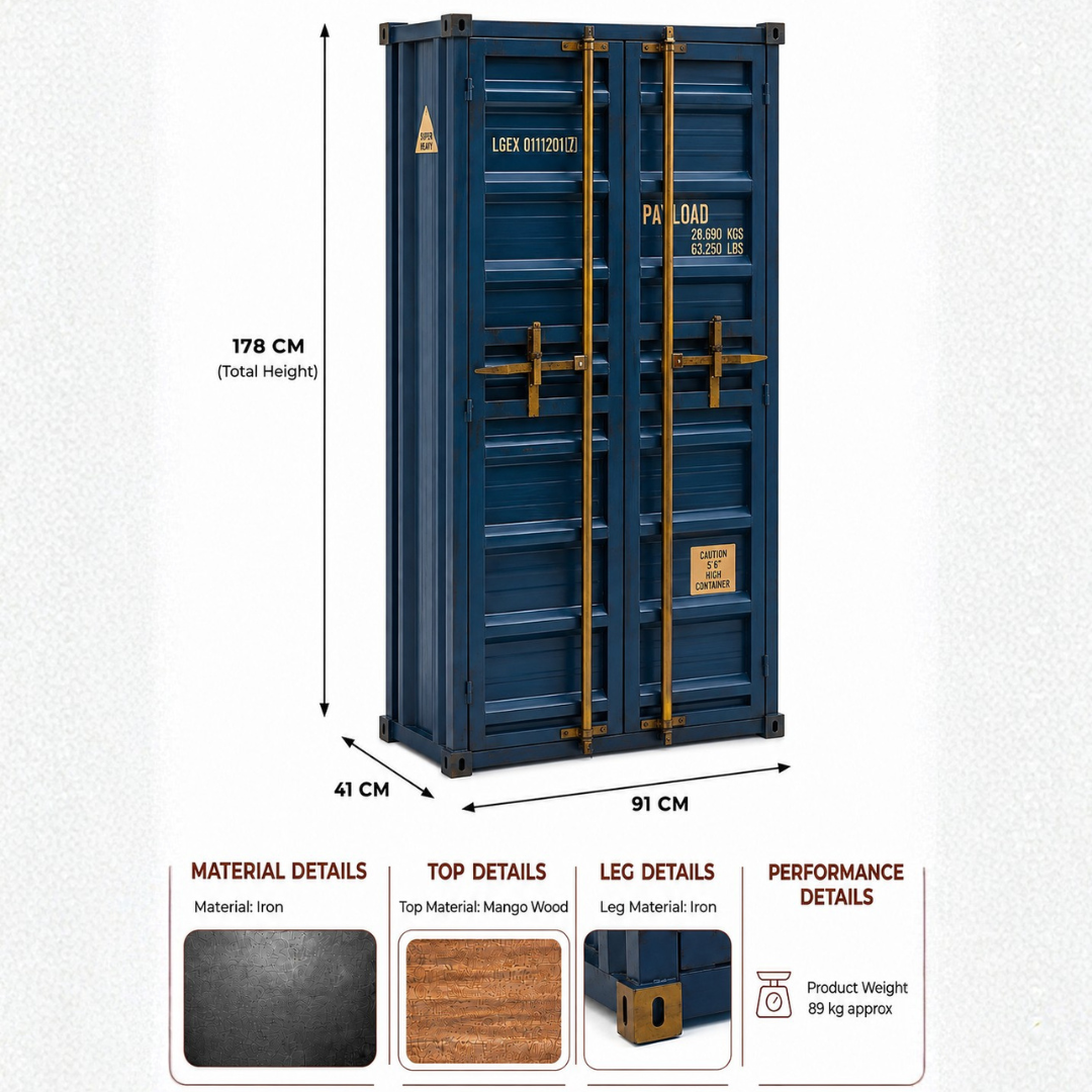 Blue shipping container style storage cabinet made of iron with mango wood details, measuring 91 cm wide, 41 cm deep and 178 cm high.