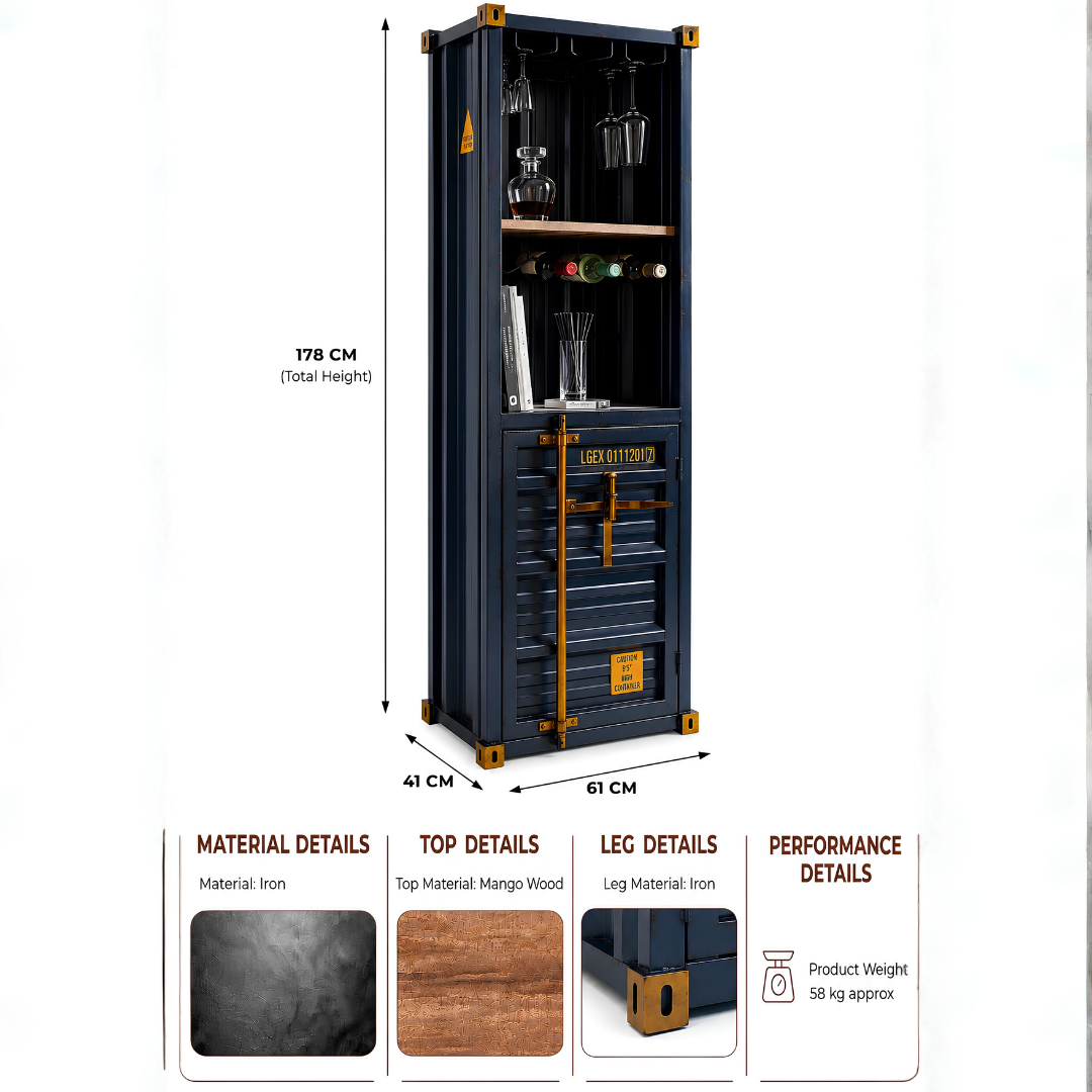 Blue shipping container style bar cabinet with iron frame, mango wood shelves, bottle storage and hanging glass holders, measuring 61 cm wide, 41 cm deep and 178 cm high.