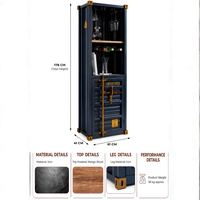 Blue shipping container style bar cabinet with iron frame, mango wood shelves, bottle storage and hanging glass holders, measuring 61 cm wide, 41 cm deep and 178 cm high.