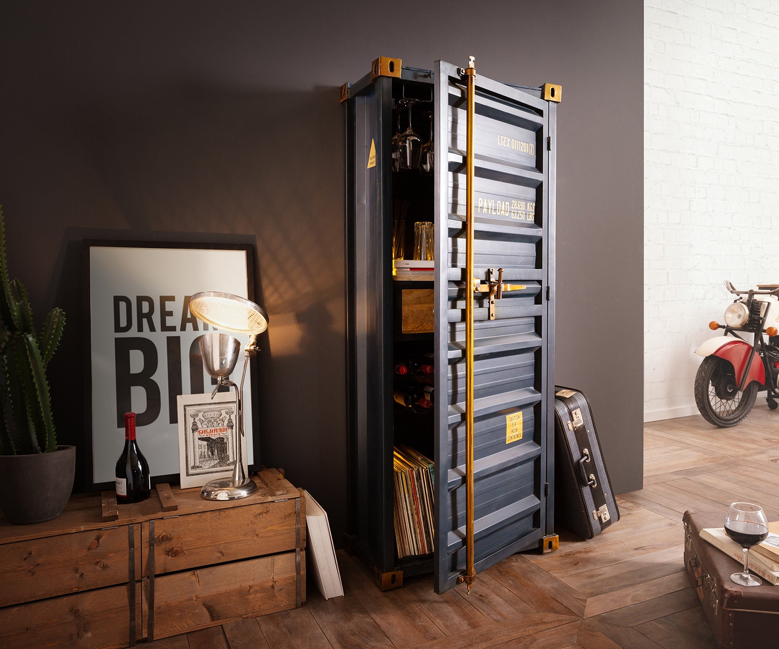 Industrial style storage cabinet with a vintage design