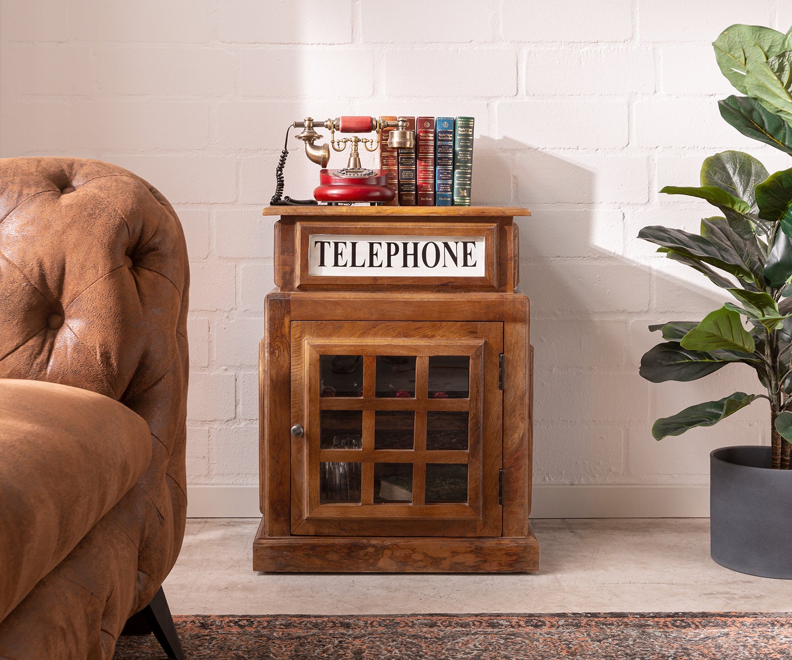 Vintage solid wood telephone cabinet with glass door