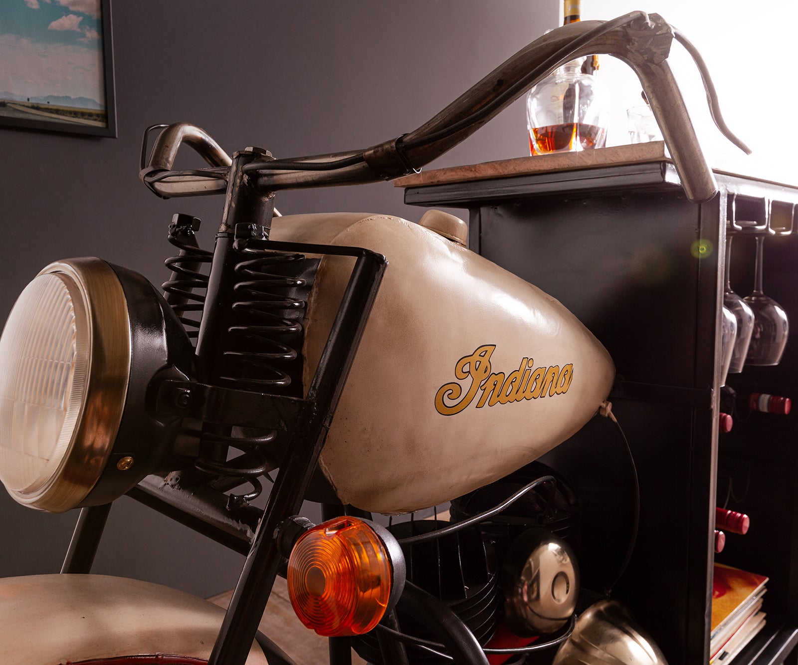 Unique motorbike bar console with industrial style and storage
