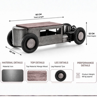 Vintage hot rod car inspired coffee table made of iron with mango wood top and tyre wheels, measuring 161 cm long, 69 cm wide and 53 cm high.