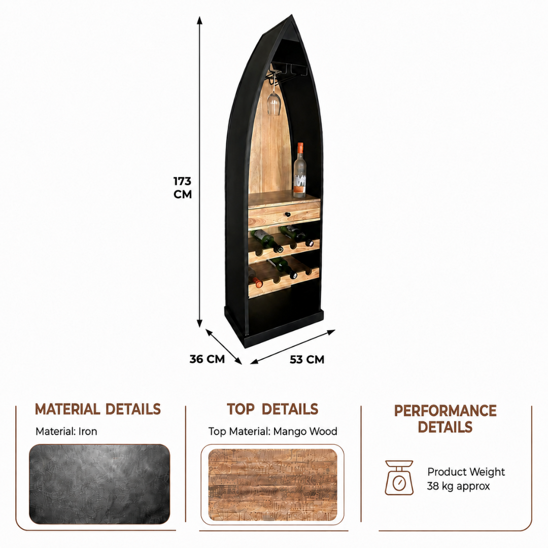 Boat shaped bar cabinet made of iron with mango wood storage shelves and wine bottle racks, measuring 53 cm wide, 36 cm deep and 173 cm high.