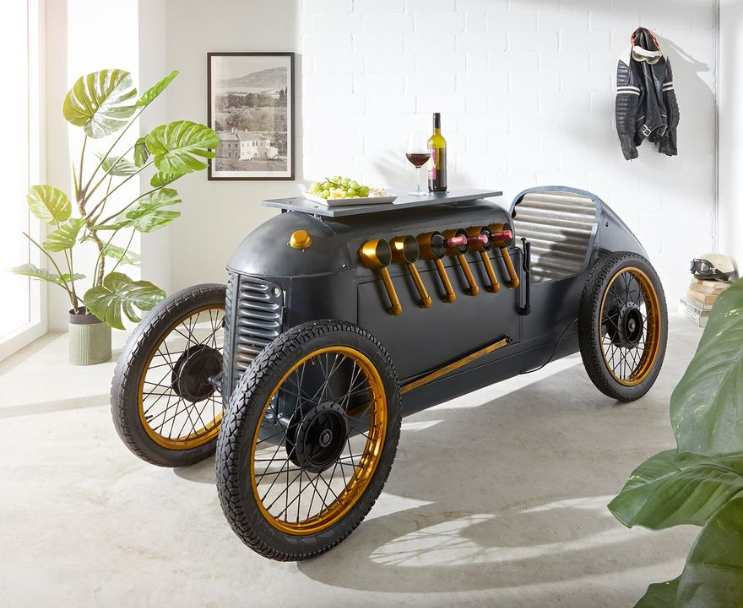 Retro car bar table with gold accents and wine bottle storage
