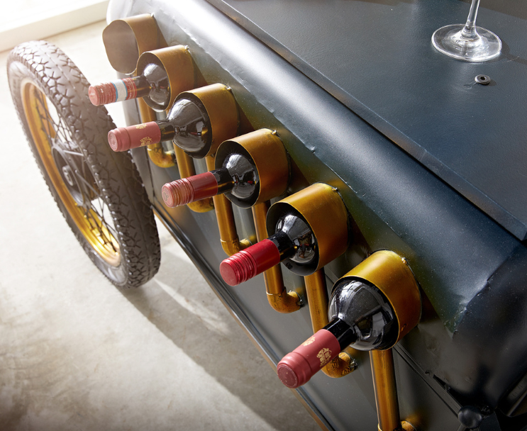 Industrial-style car-shaped bar table with wine storage