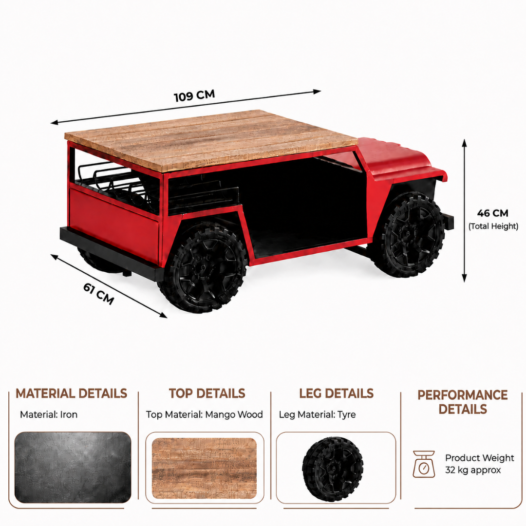 Red jeep inspired coffee table made of iron with mango wood top and tyre wheels, measuring 109 cm long, 61 cm wide and 46 cm high.